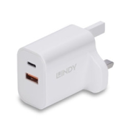 LINDY 73425 30W USB Type A & C Charger UK Plug, 3A, Power Delivery 3.0 + PPS, 2 Output Connectors (USB, 24 pin USB-C), White LINDY 73425 30W USB Type A & C Charger UK Plug, 3A, Power Delivery 3.0 + PPS, 2 Output Connectors (USB, 24 pin USB-C), White