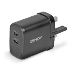 Lindy 65W USB 2 x Type C GaN Charger, Input UK Plug, Output 2 x USB Type C Female, Black Lindy 65W USB 2 x Type C GaN Charger, Input UK Plug, Output 2 x USB Type C Female, Black