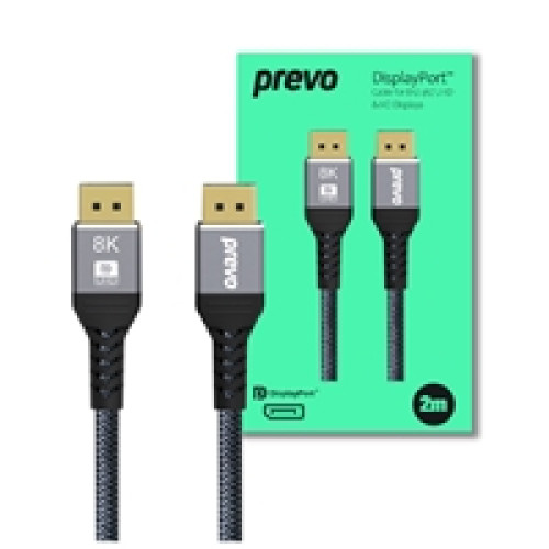 Prevo DP14-2M DisplayPort Cable, DisplayPort 1.4 (M) to DisplayPort 1.4 (M), 2m, Black & Grey, Supports Displays up to 8K@60Hz, Robust Braided Cable, Gold-Plated Connectors, Superior Design & Performance, Retail Box Packaging Prevo DP14-2M DisplayPort Cable, DisplayPort 1.4 (M) to DisplayPort 1.4 (M), 2m, Black & Grey, Supports Displays up to 8K@60Hz, Robust Braided Cable, Gold-Plated Connectors, Superior Design & Performance, Retail Box Packaging