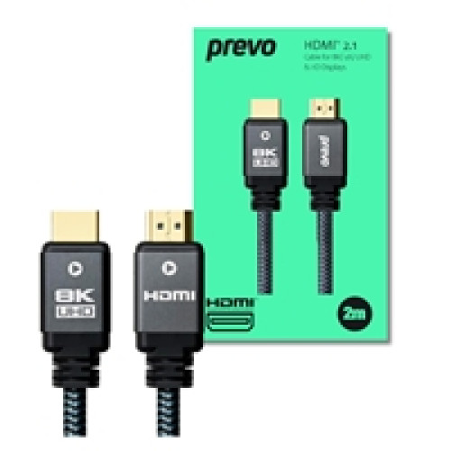 Prevo HDMI-2.1-2M HDMI Cable, HDMI 2.1 (M) to HDMI 2.1 (M), 2m, Black & Grey, Supports Displays up to 8K@60Hz, 99.9% Oxygen-Free Copper with Gold-Plated Connectors, Superior Design & Performance, Retail Box Packaging Prevo HDMI-2.1-2M HDMI Cable, HDMI 2.1 (M) to HDMI 2.1 (M), 2m, Black & Grey, Supports Displays up to 8K@60Hz, 99.9% Oxygen-Free Copper with Gold-Plated Connectors, Superior Design & Performance, Retail Box Packaging