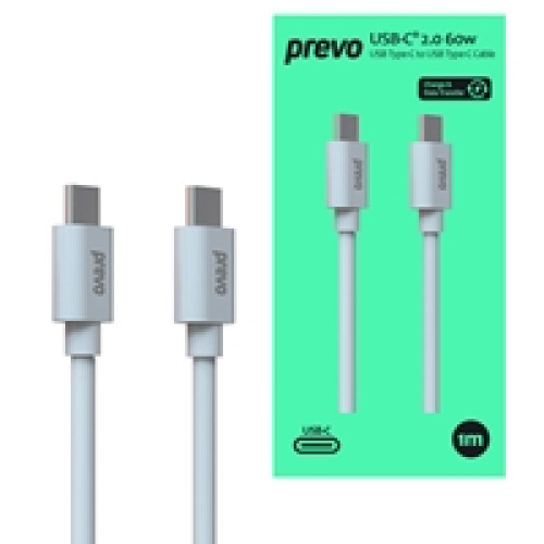 Prevo USB 2.0 60W C to C PVC cable, 20V/3A, 480Mbps, White, Superior Design & Performance, Retail Box Packaging Prevo USB 2.0 60W C to C PVC cable, 20V/3A, 480Mbps, White, Superior Design & Performance, Retail Box Packaging