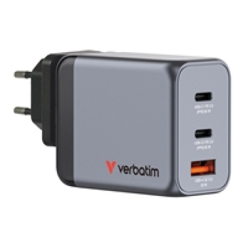 Verbatim GNC-65 GaN Charger 65W with 2 x USB-C PD 65W / 1 x USB-A QC 3.0 (EU/UK/US)