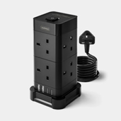 VonHaus Tower Extension Lead with USB, Power Surge Protection 2M Cable Black, 8 x UK Mains Sockets, Three-Pin 13A Plugs, Arranged Vertically With 2 Sockets On Each Of The 4 Sides VonHaus Tower Extension Lead with USB, Power Surge Protection 2M Cable Black, 8 x UK Mains Sockets, Three-Pin 13A Plugs, Arranged Vertically With 2 Sockets On Each Of The 4 Sides