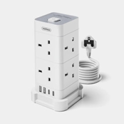 VonHaus Tower Extension Lead with USB, Power Surge Protection 2M Cable White, 8 x UK Mains Sockets, Three-Pin 13A Plugs, Arranged Vertically With 2 Sockets On Each Of The 4 Sides VonHaus Tower Extension Lead with USB, Power Surge Protection 2M Cable White, 8 x UK Mains Sockets, Three-Pin 13A Plugs, Arranged Vertically With 2 Sockets On Each Of The 4 Sides