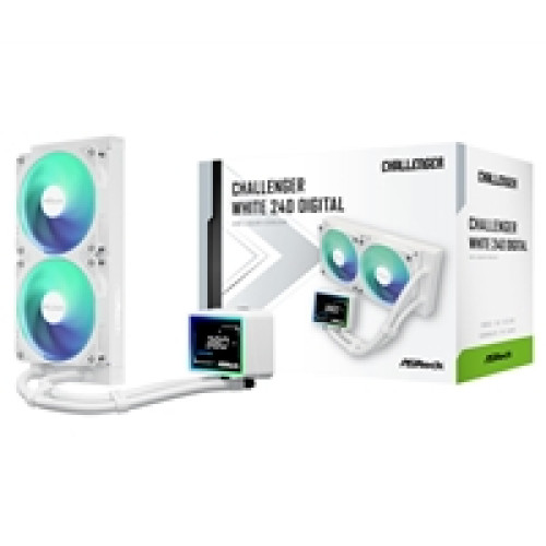 ASRock Challenger 240 Digital AIO Liquid CPU Cooler, 240mm Radiator,White, Dual 120mm PWM ARGB Fans, 3" Digital Display, Intel LGA1700/1851 & AMD AM5/AM4 Compatible ASRock Challenger 240 Digital AIO Liquid CPU Cooler, 240mm Radiator,White, Dual 120mm PWM ARGB Fans, 3" Digital Display, Intel LGA1700/1851 & AMD AM5/AM4 Compatible