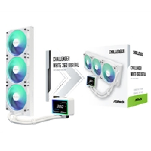 ASRock Challenger 360 Digital White AIO Liquid CPU Cooler, 360mm Radiator, Triple 120mm PWM ARGB Fans, 3? Digital Display, Intel LGA1700/1851 & AMD AM5/AM4 Compatible ASRock Challenger 360 Digital White AIO Liquid CPU Cooler, 360mm Radiator, Triple 120mm PWM ARGB Fans, 3? Digital Display, Intel LGA1700/1851 & AMD AM5/AM4 Compatible