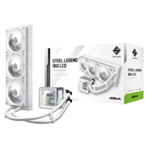 ASRock Steel Legend 360 LCD White AIO Liquid CPU Cooler, 360mm Radiator, Triple 120mm PWM ARGB Fans, LCD Display, Intel LGA1700/1851 & AMD AM5/AM4 Compatible ASRock Steel Legend 360 LCD White AIO Liquid CPU Cooler, 360mm Radiator, Triple 120mm PWM ARGB Fans, LCD Display, Intel LGA1700/1851 & AMD AM5/AM4 Compatible
