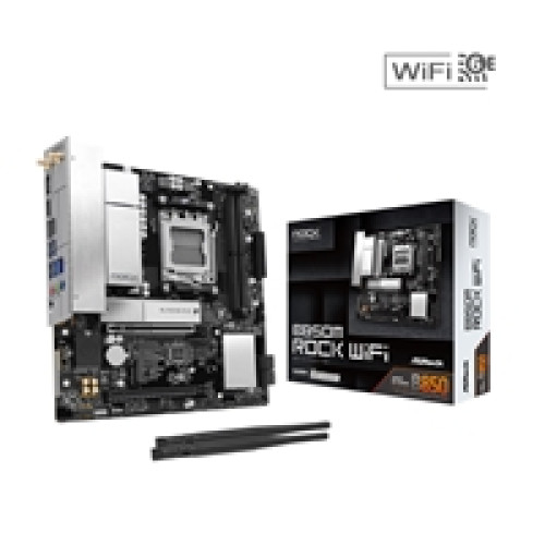 ASRock B850M Rock WiFi AMD AM5 Socket Motherboard, Micro-ATX, 2x DDR5 Slots, 2x M.2 Socket, Fitted I/O Shield, 2.5GbE LAN, Wi-Fi 6E, 1x DisplayPort / 1x HDMI Port ASRock B850M Rock WiFi AMD AM5 Socket Motherboard, Micro-ATX, 2x DDR5 Slots, 2x M.2 Socket, Fitted I/O Shield, 2.5GbE LAN, Wi-Fi 6E, 1x DisplayPort / 1x HDMI Port