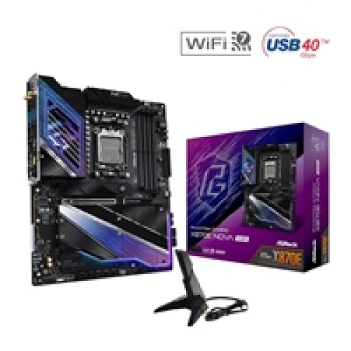 ASRock X870E NOVA WIFI PHANTOM GAMING AMD AM5 Socket Motherboard, ATX, 4x DDR5 Slots, 5x M.2 Sockets, Fitted I/O Shield, 5GbE LAN, Wi-Fi 7, 1x HDMI Port / 2x USB-C (USB4) ASRock X870E NOVA WIFI PHANTOM GAMING AMD AM5 Socket Motherboard, ATX, 4x DDR5 Slots, 5x M.2 Sockets, Fitted I/O Shield, 5GbE LAN, Wi-Fi 7, 1x HDMI Port / 2x USB-C (USB4)