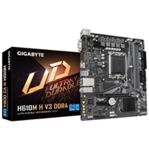 Gigabyte H610M H V3 DDR4 Ultra Durable Intel 1700 Socket Motherboard, Micro-ATX, 2x DDR4 Slots, 1x M.2 Socket, GbE LAN, 1x D-Sub / 1x HDMI Port Gigabyte H610M H V3 DDR4 Ultra Durable Intel 1700 Socket Motherboard, Micro-ATX, 2x DDR4 Slots, 1x M.2 Socket, GbE LAN, 1x D-Sub / 1x HDMI Port