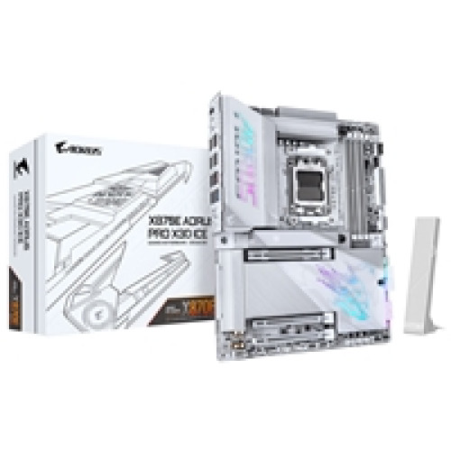 Gigabyte X870E AORUS PRO X3D ICE AMD AM5 Socket Motherboard, ATX, 4x DDR5 Slots, 4x M.2 Sockets, Fitted I/O Shield, 5GbE LAN, Wi-Fi 7, 1x HDMI Port / 2x USB-C (USB4) Gigabyte X870E AORUS PRO X3D ICE AMD AM5 Socket Motherboard, ATX, 4x DDR5 Slots, 4x M.2 Sockets, Fitted I/O Shield, 5GbE LAN, Wi-Fi 7, 1x HDMI Port / 2x USB-C (USB4)