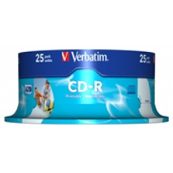 Verbatim CD-R Wide Inkjet Printable ID Branded 25 Pack Spindle AZO 700MB 52X Verbatim CD-R Wide Inkjet Printable ID Branded 25 Pack Spindle AZO 700MB 52X