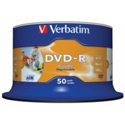 Verbatim DVD-R 16X 4.7GB 50 Pack Spindle Wide Inkjet Printable No ID Verbatim DVD-R 16X 4.7GB 50 Pack Spindle Wide Inkjet Printable No ID