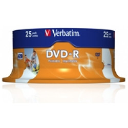 Verbatim DVD-R Wide Inkjet Printable ID Branded 25 Pack Spindle 4.7GB 16X Verbatim DVD-R Wide Inkjet Printable ID Branded 25 Pack Spindle 4.7GB 16X