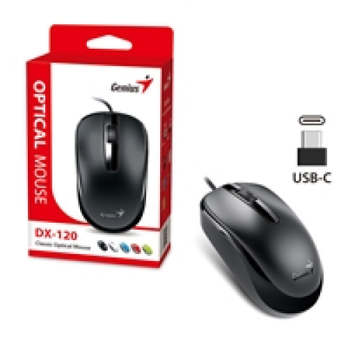 Genius DX-120 Wired USB Type-C Plug and Play Mouse, 1200 DPI Optical Tracking, 3 Button with Scroll Wheel, Ambidextrous Design with 1.5m Cable, Black Genius DX-120 Wired USB Type-C Plug and Play Mouse, 1200 DPI Optical Tracking, 3 Button with Scroll Wheel, Ambidextrous Design with 1.5m Cable, Black